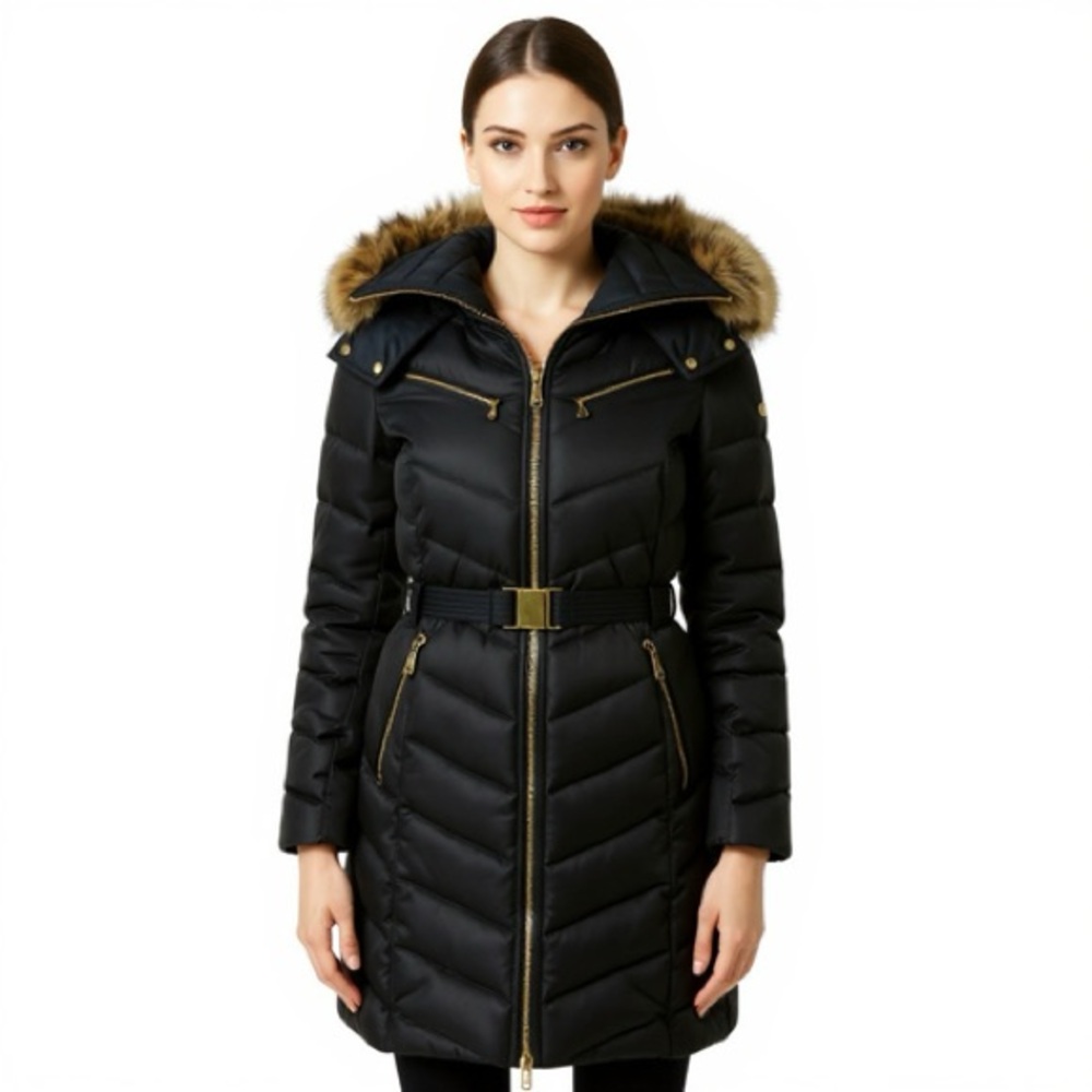 Michael Kors Women Faux Fur Hooded Belted Down Puffer Coat
